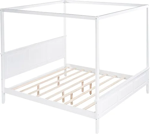Vista 6 de Harper & Bright Designs Cama con dosel tamaño King con cabecera y estribo, cama de plataforma de madera con soporte de listones, tamaño King