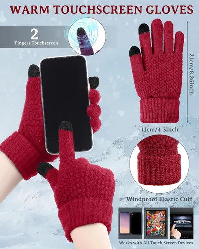 Vista 3 de SATINIOR Juego de 4 gorros y guantes de invierno para mujer, gorro de punto cálido, gorro de esquí de nieve con visera y guante para pantalla rojo