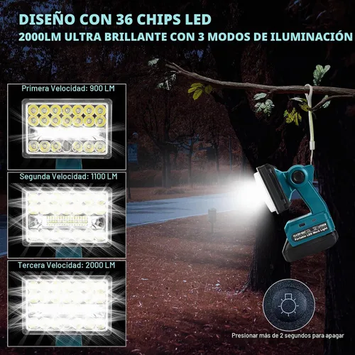 Vista 3 de Linterna de 18 W compatible con batería Makita de 18 V, reflector de 2000 lm de 18 V con puerto USB, puerto tipo C, cabezal giratorio de 110 grados