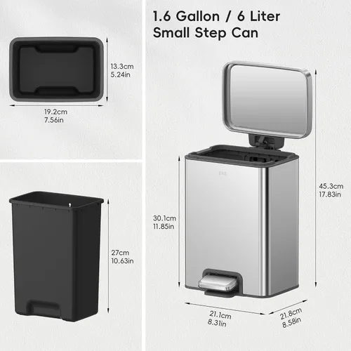 Vista 2 de EKO Madison - Cubo de basura de acero inoxidable cepillado de 1.6 galones o 6 litros, cubo de basura o cubo de reciclaje, forro interior extraíble