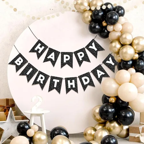 Vista 6 de Cartel de feliz cumpleaños con purpurina negra para hombres, mujeres y niños, guirnalda de feliz cumpleaños negra, suministros de fiesta, decoración