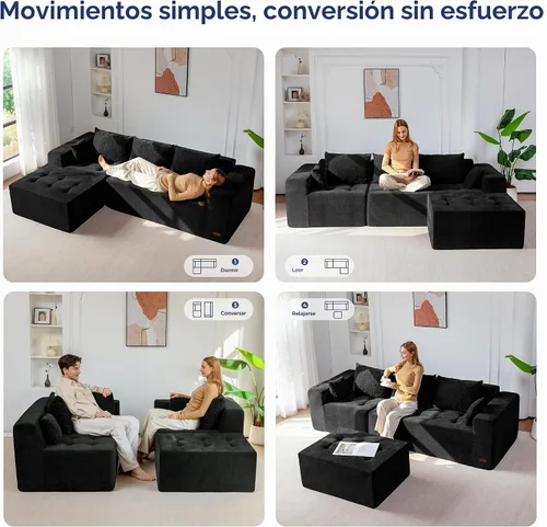 Vista 4 de MAXYOYO - Sofá modular modular en forma de L, sofá de nube sin hueso con otomana flexible, tapizado de felpilla para sala de estar, no requiere Negro