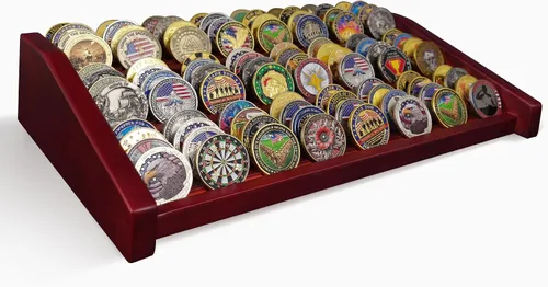 Vista 9 de Challenge - Soporte de exhibición de monedas, 12 filas de madera maciza, soporte militar para monedas con capacidad para 80-100 monedas, estante