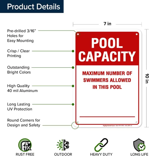 Vista 6 de Número máximo de nadadores permitidos en este cartel de piscina, 7 x 10 pulgadas, libre de óxido, aluminio 040, resistente a la decoloración