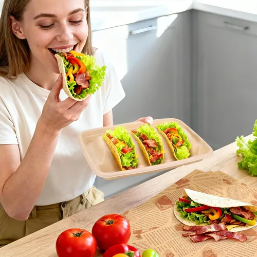 Vista 8 de 24 soportes desechables para tacos con 100 forros y 100 guantes, platos de tacos de fibra natural resistentes, bandejas de tacos de 3 compartimentos