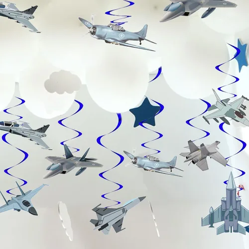 Vista 6 de Decoraciones de fiesta de remolinos colgantes de la fuerza aérea, pistola de avión, piloto, suministros de fiesta de cumpleaños, avión, combate