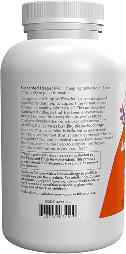Vista 3 de NOW Suplementos, Collagen Joint Support™ en polvo con gelatina de res, sulfato de glucosamina y MSM, 11 onzas