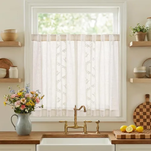 Vista 40 de jinchan Cortinas de lino floral beige para cocina, 24 pulgadas, 2 paneles A Beige
