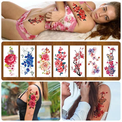 Vista 6 de Tatuajes temporales florales de 21 hojas, diseños brillantes de peonías y rosas en 3D, arte corporal impermeable para mujeres y niñas, calcomanías