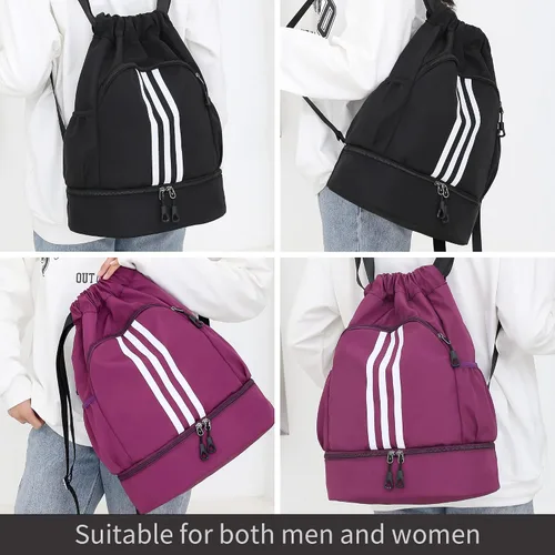 Vista 4 de neyrat Mochila con bolsillos laterales de malla con cordón y compartimento para zapatos, gimnasio, deportes, bolsa de cuerda para hombres y mujeres