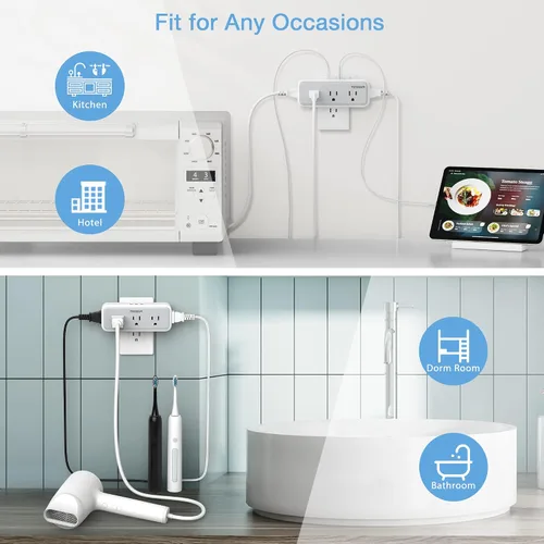 Vista 5 de Extensor de Tomas Múltiples, Cargador de Pared USB C, TESSAN Divisor de Enchufe de Pared con 5 Tomas y 3 USB, Expansor de Energía Eléctrica con Gris