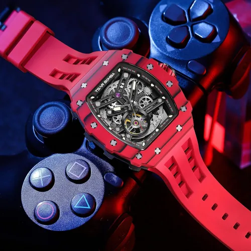 Vista 3 de Reloj para hombre, reloj mecánico automático de esqueleto para hombre, 164.0 ft, impermeable, de lujo, Tonneau, cuadrado, esfera grande, con correa