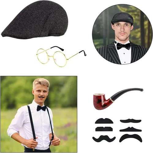 Vista 5 de WILDPARTY Disfraz de los años 20 para hombre, accesorios de disfraz de Gatsby de la mafia para hombres, gorra plana para hombre para fiesta