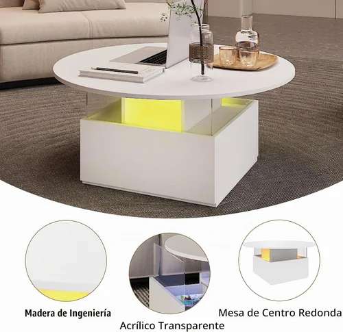 Vista 6 de HedoAjim Mesa de café redonda de 31.5" para sala de estar, mesa moderna de sala de estar con LED y almacenamiento, mesas de café cuadradas