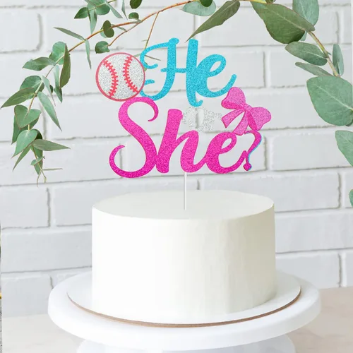 Vista 3 de Él or She Gender Reveal Cake Topper - Decoración para pastel de béisbol o lazos para niño o niña, suministros de anuncio de embarazo azul o rosa