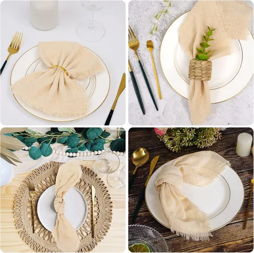 Vista 7 de 24 servilletas de tela hechas a mano con flecos beige, 16 x 16 pulgadas, delicadas servilletas de algodón rústico a granel para bodas, cenas, fiestas