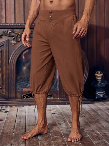 Vista 2 de Gafeng Pantalones piratas renacentistas medievales para hombre, disfraz colonial de caballero para Halloween, pantalones cortos con cordones LARP