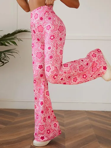 Vista 3 de OYOANGLE Pantalones de yoga de cintura alta con estampado floral para mujer