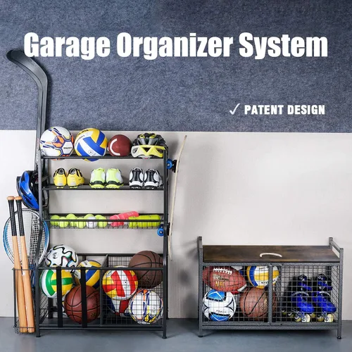 Vista 2 de Mythinglogic Carrito de almacenamiento de bolas rodantes, organizador de almacenamiento de equipo deportivo para garaje, sótano, entrada, cubo