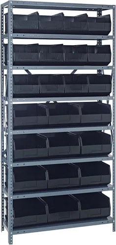Vista 383 de Quantum QSBU-245BK Heavy Duty Shelving Unit with (7) Shelves and (24) QUS245 Black Bins for Garage Warehouse Storage Distribution 400 lb Load