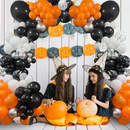 Vista 5 de Globos Negros y Naranjas de 12 Pulgadas, Globos de Confeti Negro Naranja Plateado, Globos de Halloween Trick or Treat para Niños y Hombres