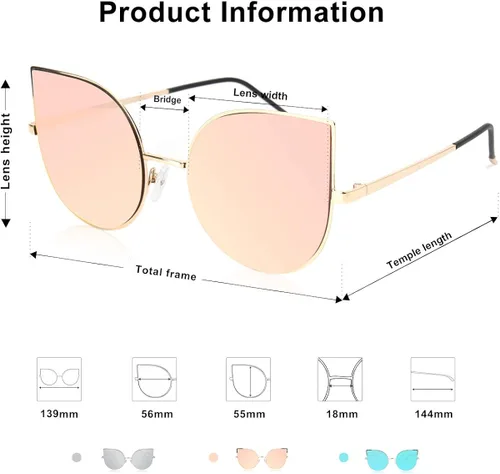 Vista 3 de SojoS SJ1022 anteojos de sol con lentes lisos y espejados con forma de ojos de gato, con marco de metal liviano y ultradelgado, para mujer