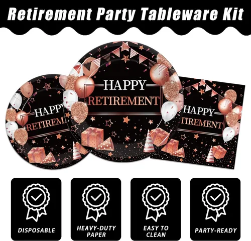 Vista 3 de Kepeel 168 piezas de suministros para fiesta de jubilación, decoraciones de fiesta de jubilación de oro rosa para mujeres, platos de papel