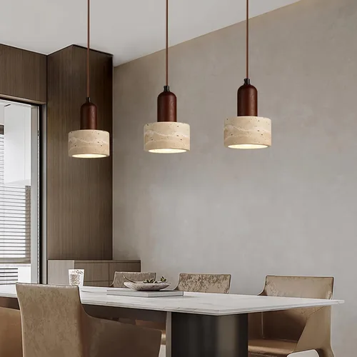 Vista 2 de Lámpara colgante japonesa Wabi sabi con pantalla de piedra natural, lámpara colgante de madera moderna regulable, lámpara colgante de altura