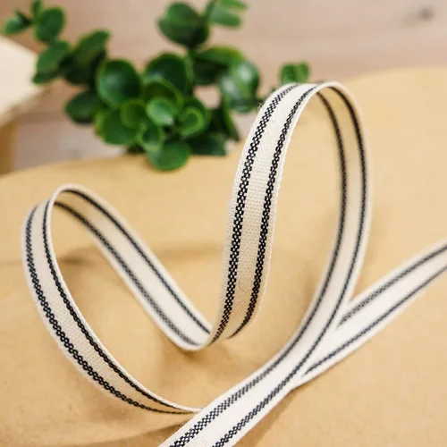 Vista 3 de Cinta de Algodón Marfil con Rayas Negras 3/8" x 10 Yardas para Decoración del Hogar, Envoltura de Regalos, Manualidades DIY, Cumpleaños, Boda