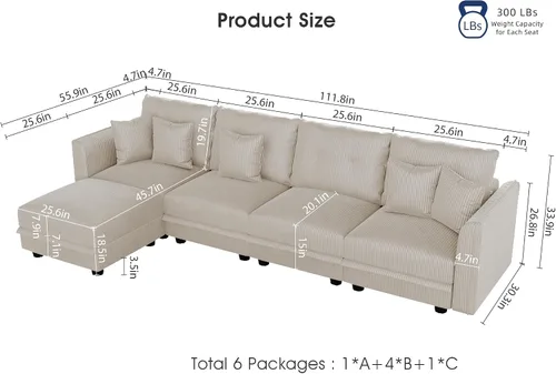 Vista 2 de LLappuil Sofá modular de 112 pulgadas con almacenamiento, sofá de pana de 5 plazas en forma de L con 4 cojines, sofá convertible apto para mascotas