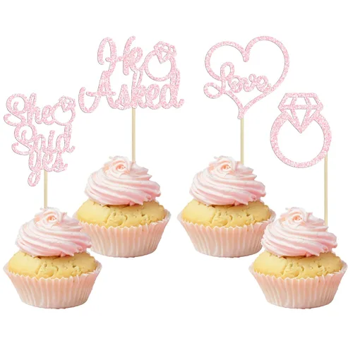 Vista 9 de Gyufise Paquete de 24 adornos para cupcakes con purpurina negra con la frase "He Asked She Said Yes" para cupcakes, anillos de corazón con purpurina