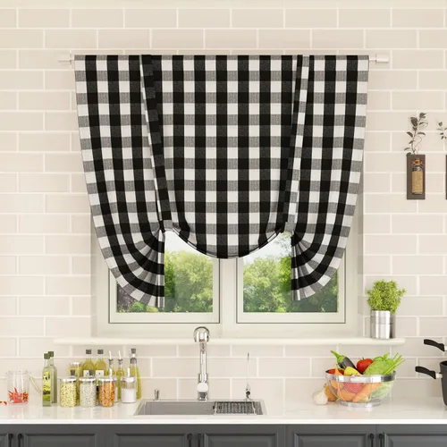 Vista 248 de Cenefas de cortina para ventana de 16 pulgadas de largo, 2 paneles de cuadros búfalo, cortinas pequeñas con bolsillo para barra, estilo clásico