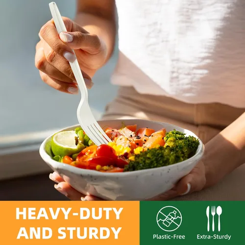 Vista 6 de Tenedor 100% compostable, 7 pulgadas, 150 tenedores desechables de almidón de maíz, cubiertos resistentes con certificación BPI, utensilios