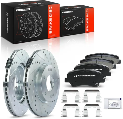 Vista 10 de A-Premium Rotores de freno de disco perforados y ranurados delanteros de 11.02 pulgadas (11.024 in) + kit de pastillas de cerámica compatible