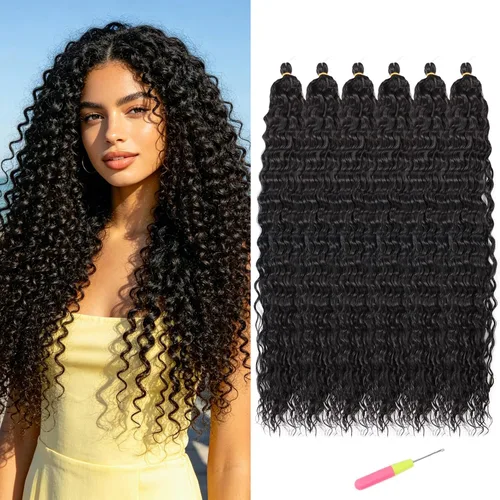 Vista 43 de Extensiones de cabello ondulado con ganchillo Ocean Wave de 18 pulgadas, 6 paquetes, extensiones de cabello de ganchillo sueltas de onda profunda #1B
