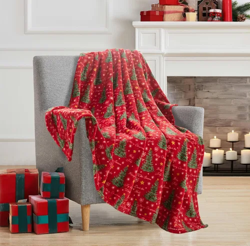 Vista 30 de Manta de Forro Polar para las Fiestas Navideñas: Corona Tradicional de Decoración del Hogar con Saludos Cheers Merry Peace Joy sobre Fondo Beige