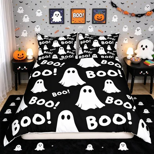 Vista 26 de Funda de edredón con diseño de murciélago, juego de ropa de cama de murciélago negro y naranja, funda de edredón temática de Halloween