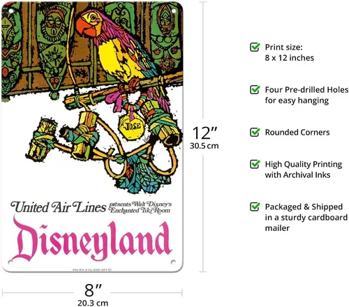 Vista 2 de Pacifica Island Art Disneyland - Encantado Tiki Room - José the Mexican Guacamayo - United Air Lines - Póster vintage de viaje de aerolínea por