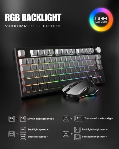 Vista 6 de RedThunder K75 Combo de teclado y mouse inalámbricos, teclado de membrana grabado lateral del 75%, mouse óptico para juegos con 4800 DPI, 3 modos