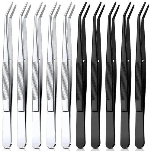Vista 16 de Honoson 4 pinzas de acero inoxidable para manualidades con punta dentada curvada, pinzas multiusos para máquina de coser, pinzas a granel (plateado)