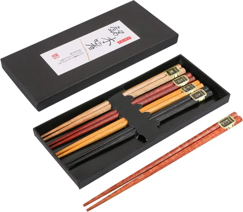 Vista 4 de BENBO - Juego de palillos japoneses de madera, 10 pares de palillos de madera natural con cajas de madera tallada a mano, reutilizable, minimalista