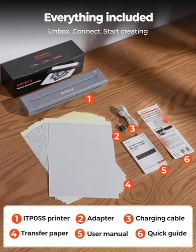 Vista 9 de MUNBYN ITP05S - Impresora de plantillas de tatuaje, impresora térmica inalámbrica Bluetooth con 20 hojas de papel de transferencia, compatible