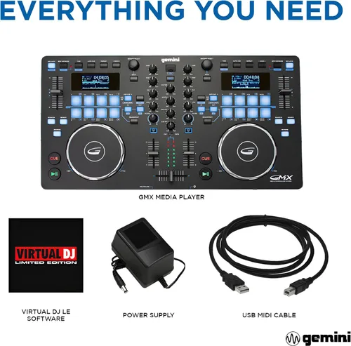 Vista 10 de Gemini Sound GMX - Controlador DJ Versátil y Reproductor Multimedia - Sistema Compacto USB/MIDI con VirtualDJ LE, Ideal para DJs Móviles