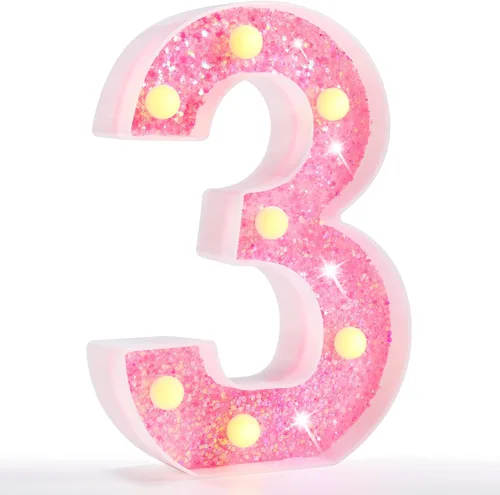 Vista 36 de Pooqla Luces de números de marquesina, números de luz rosa para niñas de 10.º cumpleaños, funciona con pilas, luz nocturna de número con purpurina