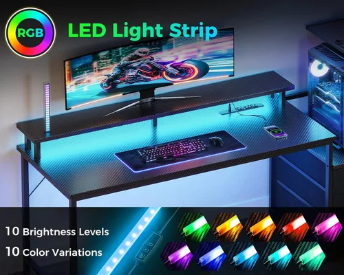 Vista 5 de Casaottima - Escritorio de juegos de 59 pulgadas con puertos de carga USB y luz LED - Escritorio reversible para computadora con 3 cajones de tela