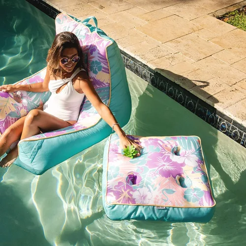 Vista 5 de Big Joe flotador Captain's Caddie sin necesidad de inflar para piscina con portavasos, hibisco tropical y aqua de doble lado con malla, tela