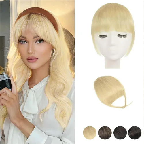 Vista 10 de BARSDAR Flequillo postizo de pelo humano real - Flequillo postizo 100% pelo humano para mujeres - Extensiones de flequillo ondulado castaño rojizo