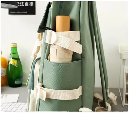 Vista 6 de MOJIDUO Juego de 4 mochilas Kawaii con bonitos colgantes e insignias de felpa, mochila escolar de alta capacidad, bonita mochila estética, Azul