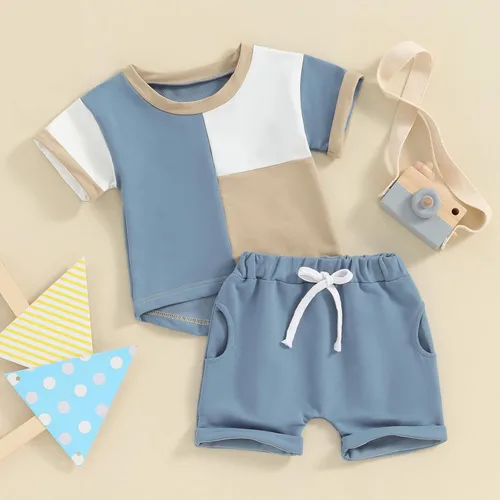 Vista 3 de Xdftwdmgqe Toddler Boy Girl Clothes Color Block Short Sleeve T-Shirt Top Joggers Casual Solid Color Shorts Summer 2Pcs Outfit
