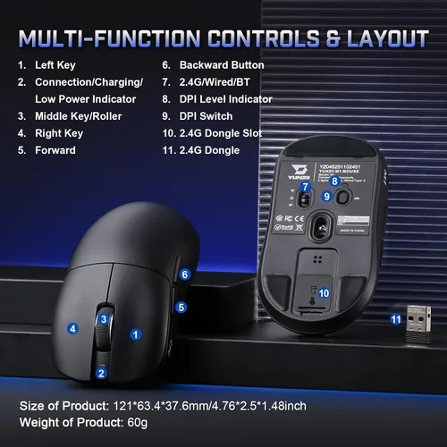 Vista 5 de YUNZII Ratón inalámbrico para juegos M1, mouse para juegos trimodo 2.4G/BT/cable, sensor PAW3311 10000 DPI recargable con 5 botones programables